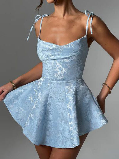 Floral Jacquard Tie Strap Cowl Neck Fit And Flare Mini Dress