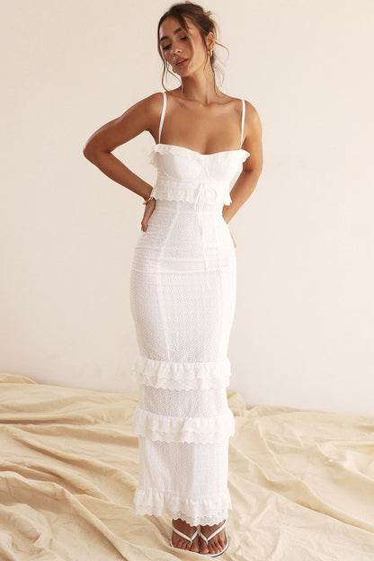 Eyelet Lace Corset Crop Top Tiered Ruffle Maxi Skirt Two Piece Set