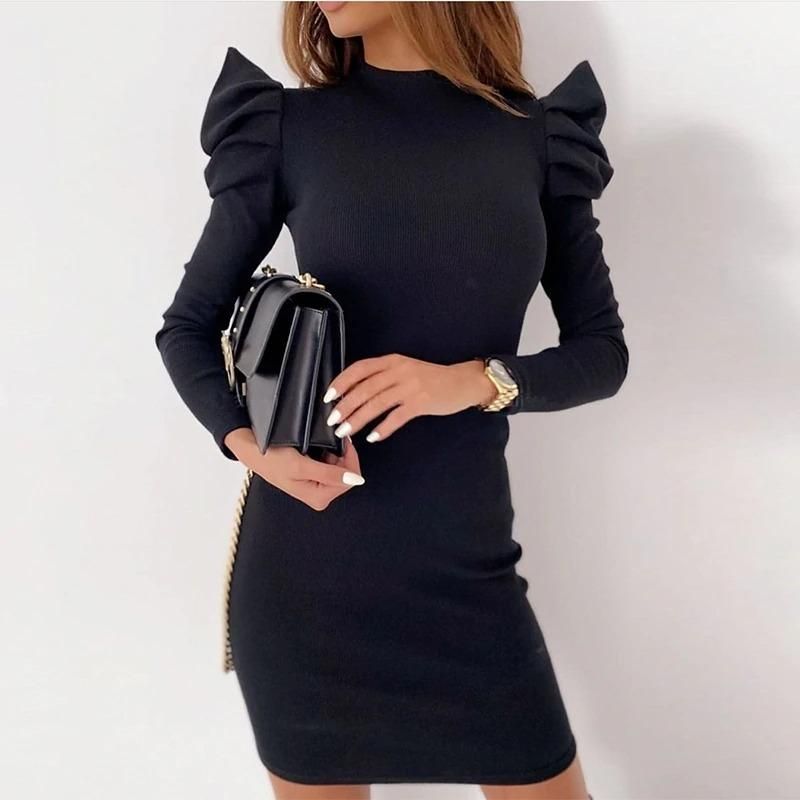 Mock Neck Puff Shoulder Ribbed Bodycon Mini Dress