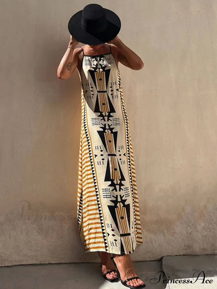 Ethnic Print Backless Charming A-line Maxi Dress