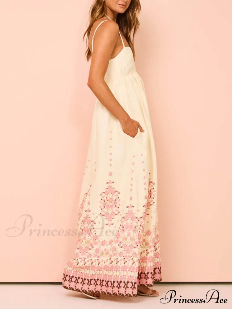 Ethnic Print Halter Charming Cream Extra Maxi Dress