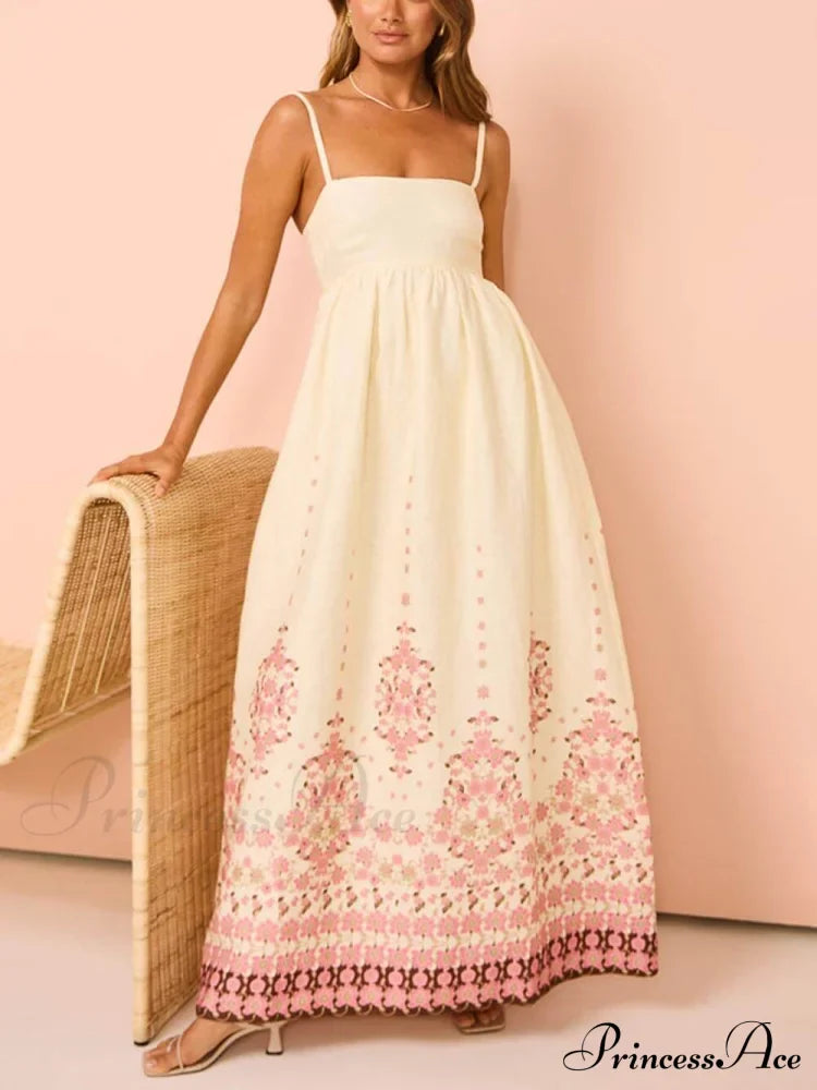 Ethnic Print Halter Charming Cream Extra Maxi Dress