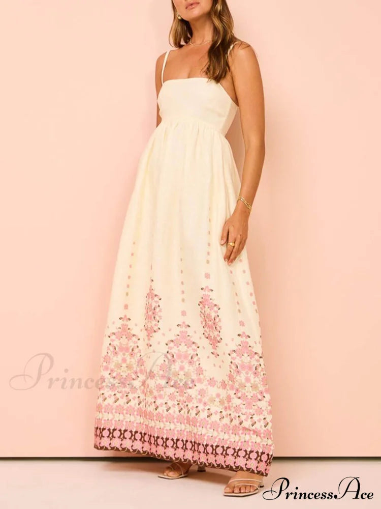 Ethnic Print Halter Charming Cream Extra Maxi Dress
