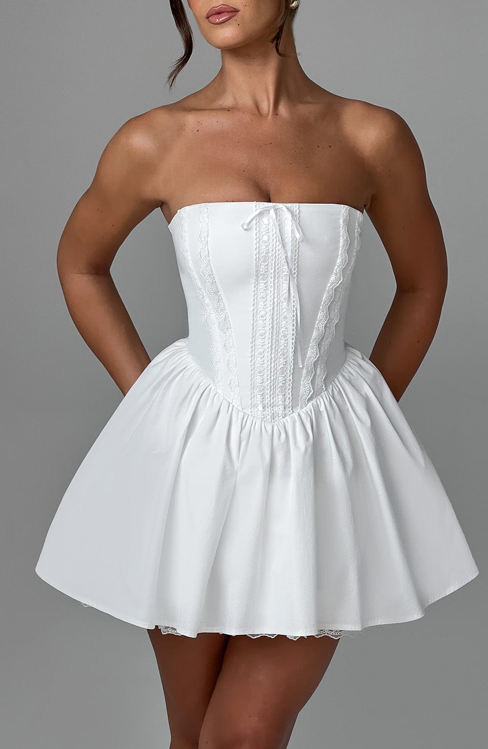 Strapless Lace Up Basque Waist Babydoll Mini Dress