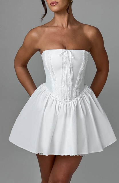 Strapless Lace Up Basque Waist Babydoll Mini Dress