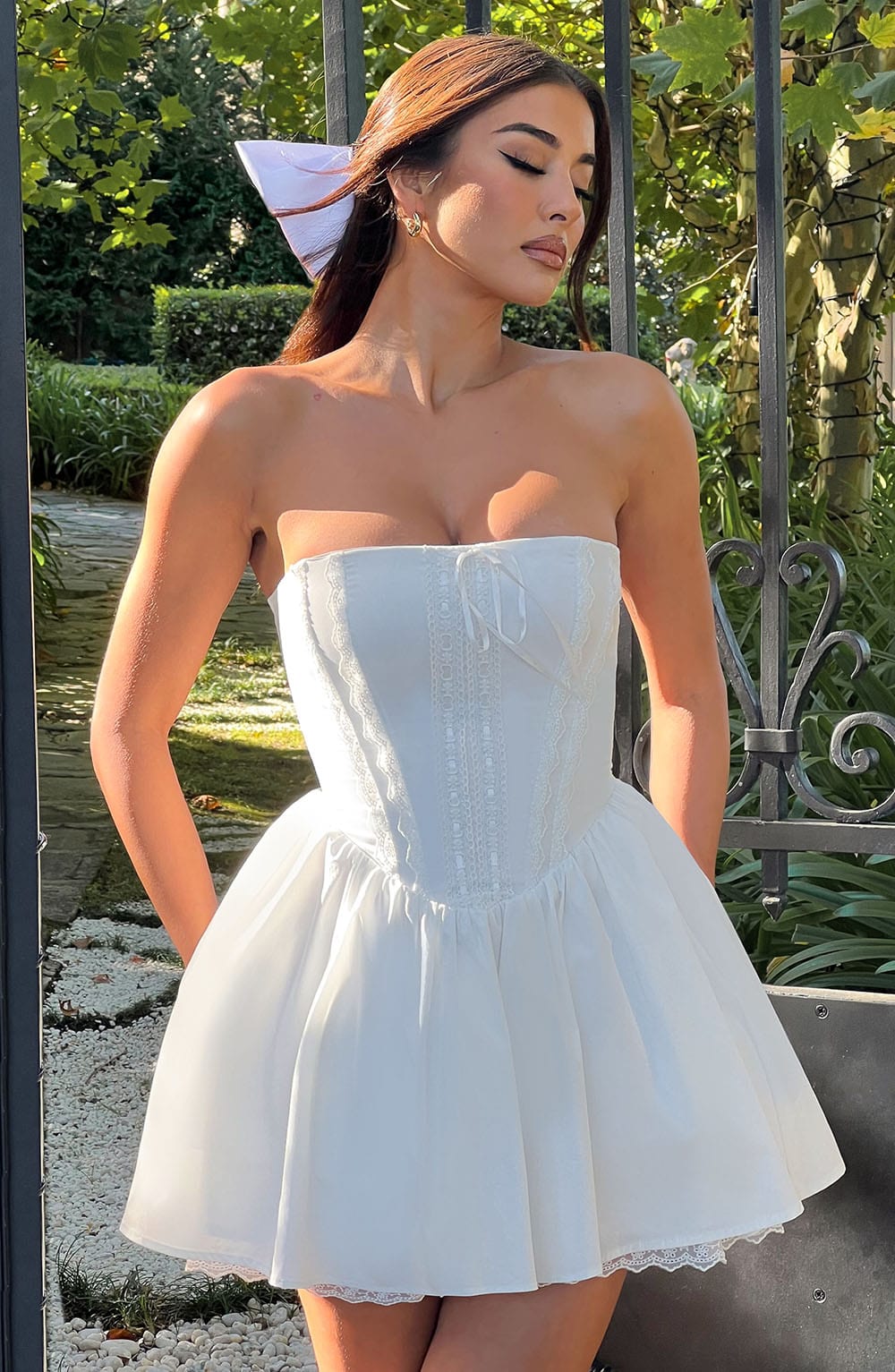 Strapless Lace Up Basque Waist Babydoll Mini Dress