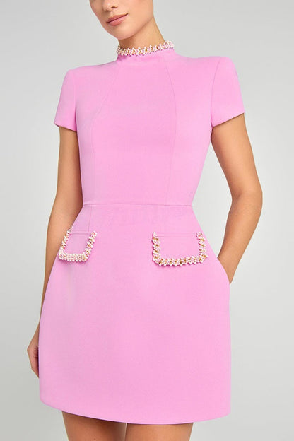 Sweet and Elegant Scent Pearl Trim Short Sleeve Pocketed Mini Dress