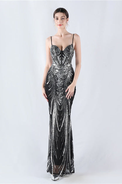 Boned Sequin Embroidered Formal Dress