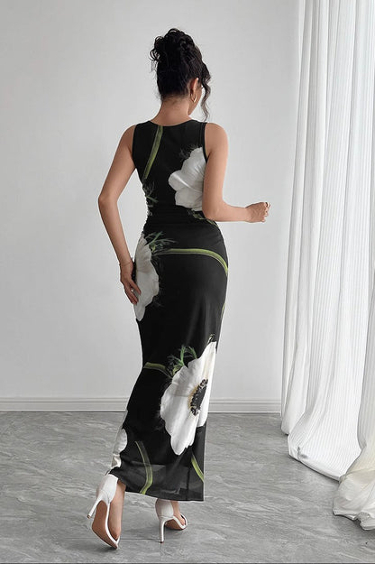 Black Mesh Printed Maxi Dress