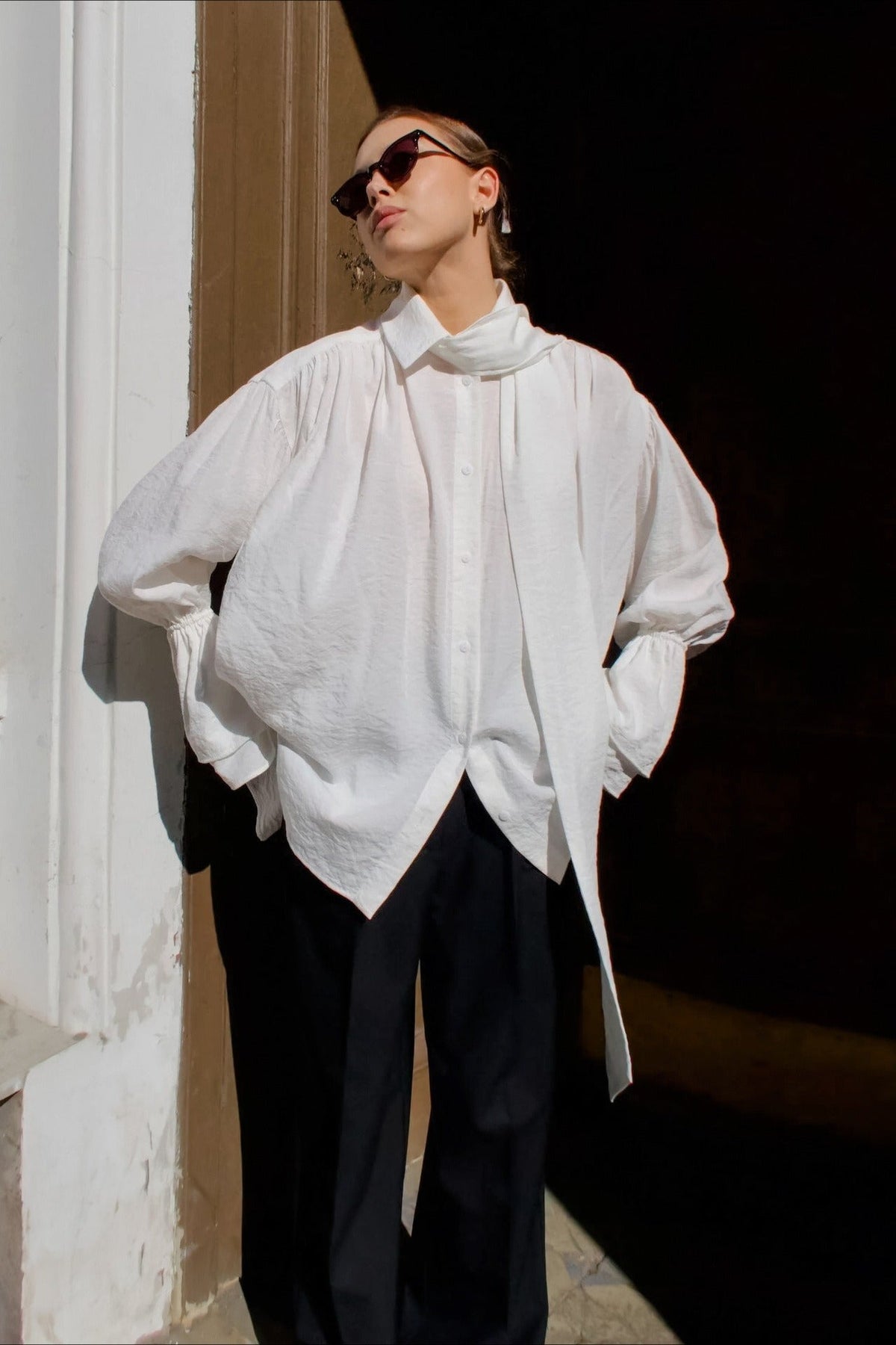 Crepe Tie Front Loose Fit Blouse