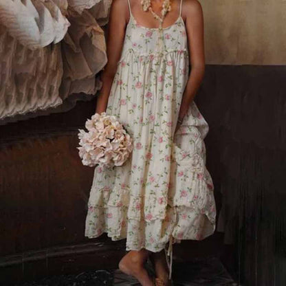 Spaghetti Strap Empire Waist Pocket Tiered Ruffle Hem Floral Midi Dress