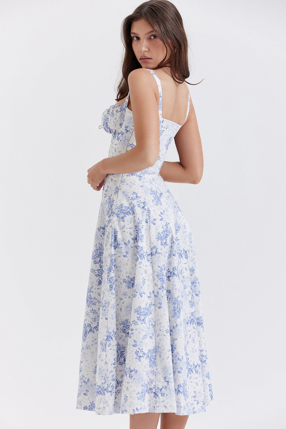 Floral Print Sweetheart Corset Bodice Wide Strap Fit and Flare Midi Dress