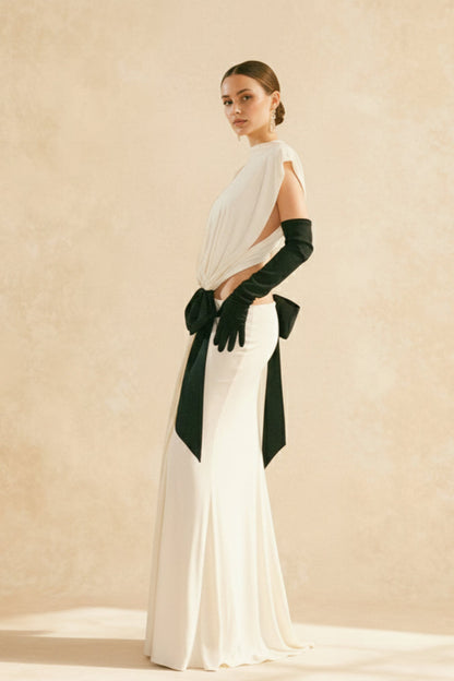 Mock Neck Sleeveless Side Cut Out Oversized Bow Tail Maxi Gown