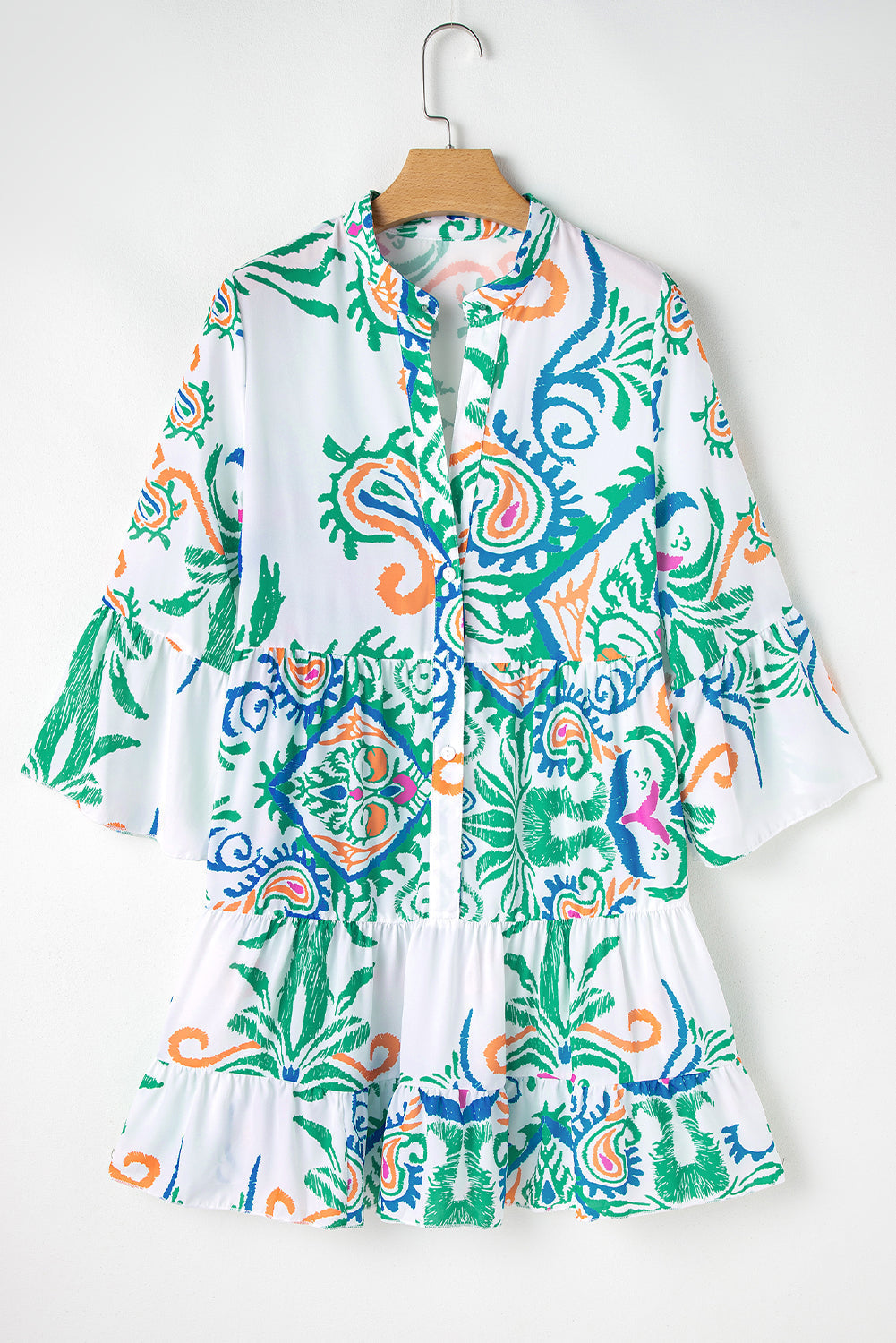 Tribal Print Button Front Bell Sleeve Tiered Mini Dress