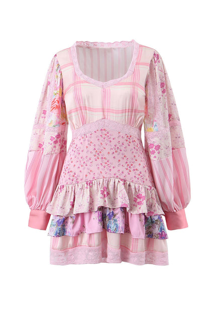 Patchwork Floral Long Sleeve Lace Trim Tiered Ruffle Mini Dress