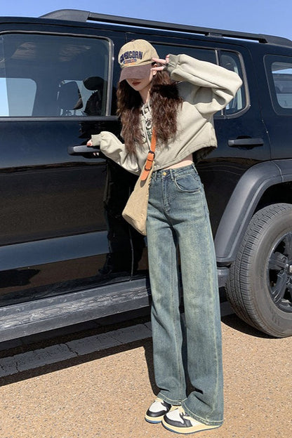 Cement Gray High Waist Straight Wide Leg Extended Jeans
