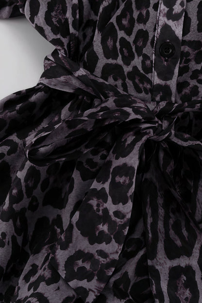 Collared Button Front Sheer Print Puff Sleeve Tiered Ruffle Mini Shirt Dress