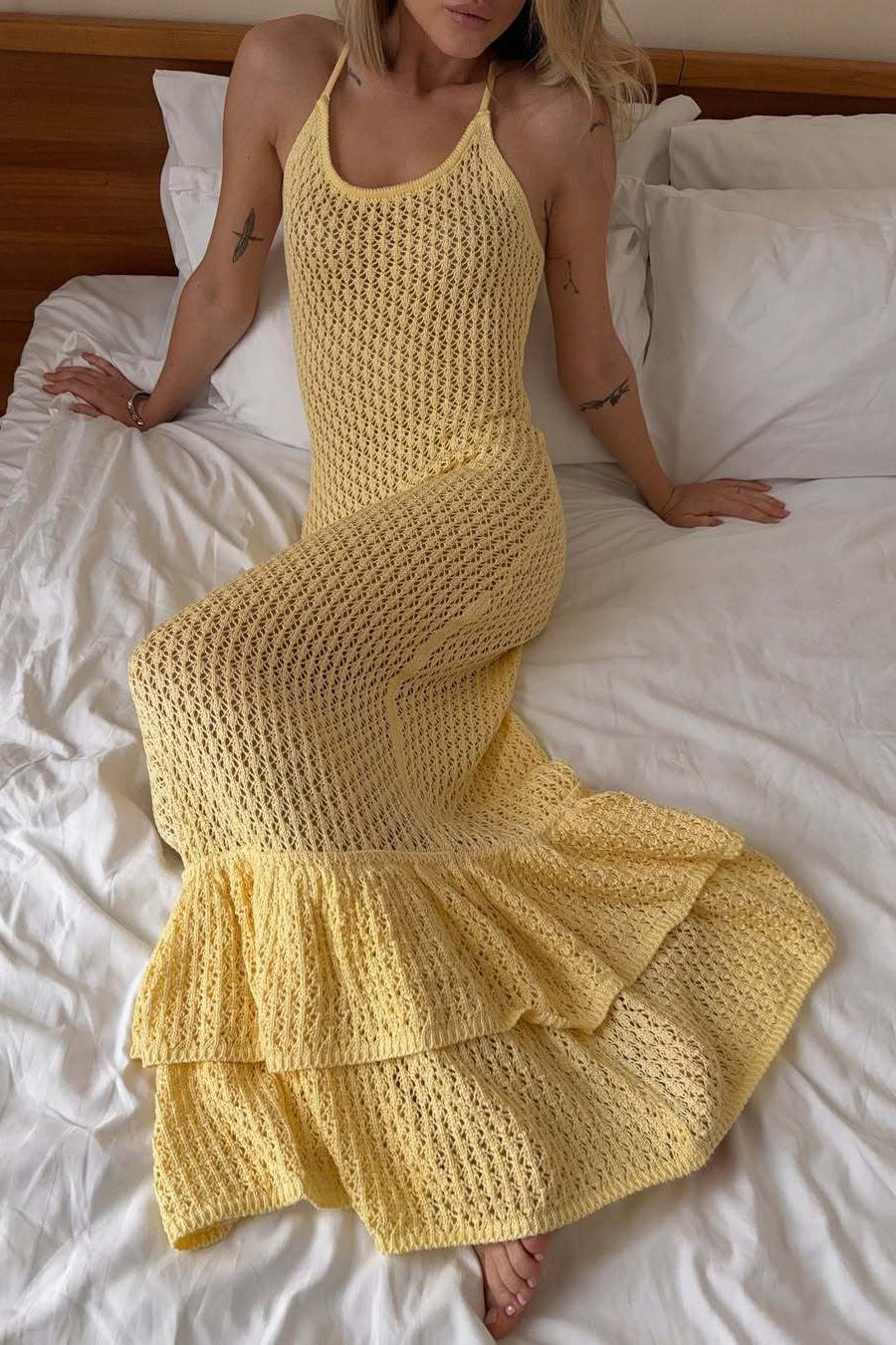 Boho Ruffle Knit Sexy Cutout Sheer Cami Maxi Dress