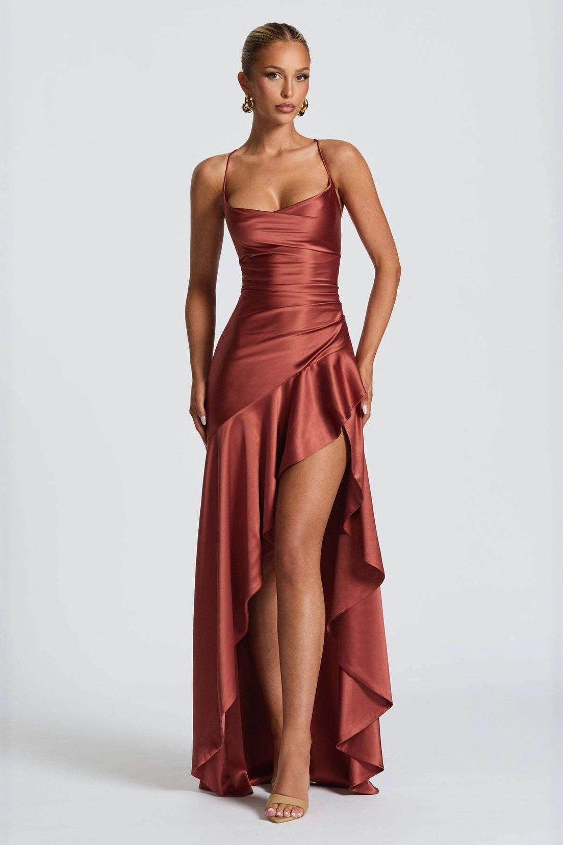 Satin Spaghetti Strap Cowl Neck Ruched High Low Ruffle Maxi Formal Dress