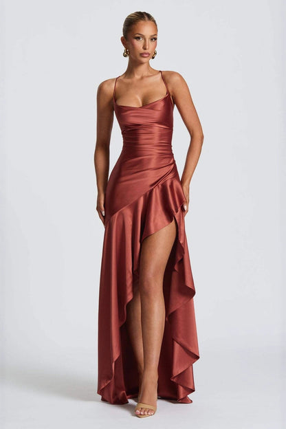 Satin Spaghetti Strap Cowl Neck Ruched High Low Ruffle Maxi Formal Dress