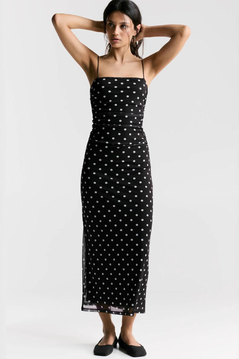 Polka Dot Mesh Ruched Square Neck Spaghetti Strap Bodycon Maxi Dress