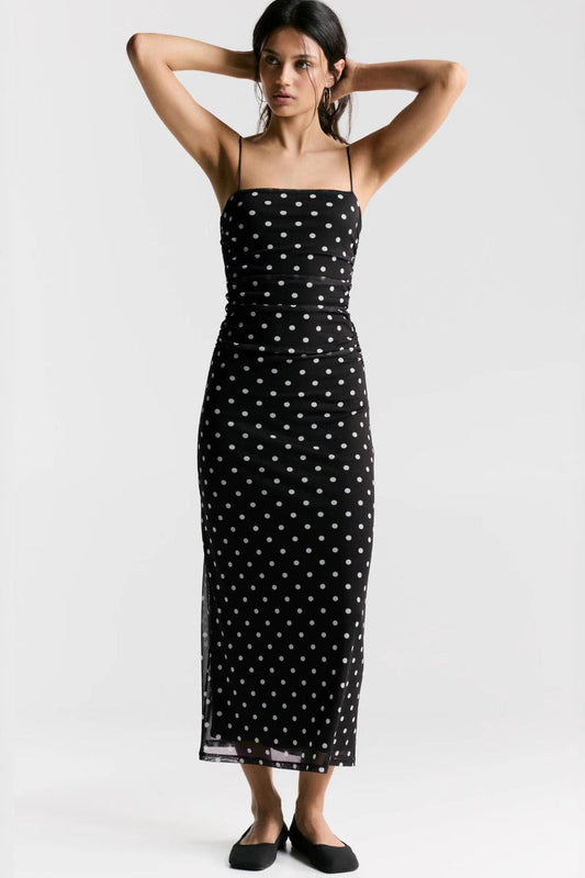 Polka Dot Mesh Ruched Square Neck Spaghetti Strap Bodycon Maxi Dress