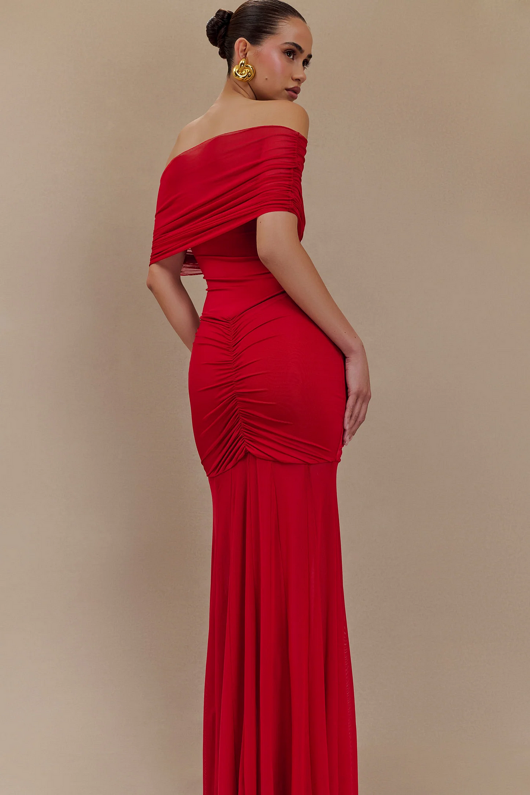 Off Shoulder Pleated Column Maxi Gown