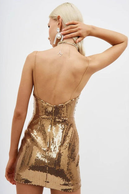 Golden Deep V Neck Spaghetti Strap Sequin Mini Dress
