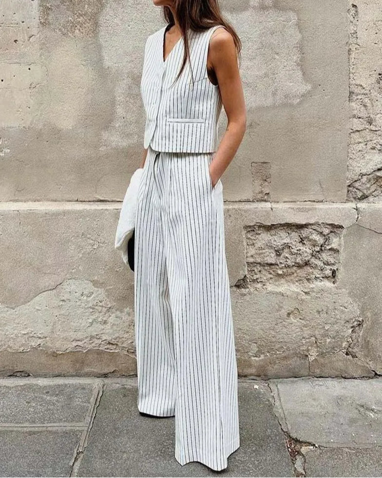 White Print V-Neck Sleeveless Trousers Office Two Piece Set