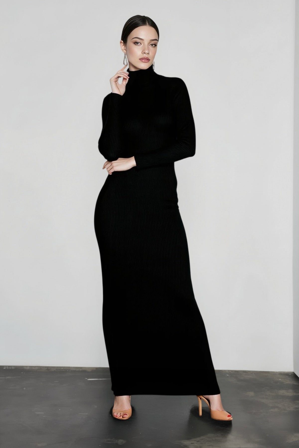 Turtleneck Rib Knit Long Sleeve Bodycon Midi Dress