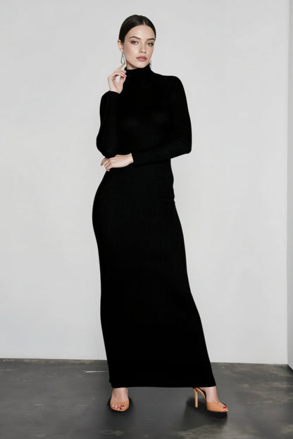 Turtleneck Rib Knit Long Sleeve Bodycon Midi Dress