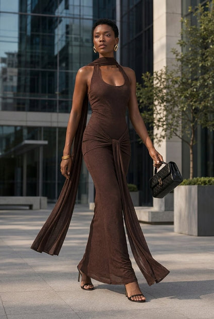 Silver Ribbon Backless Waist Cinch Maxi Bodycon Dress