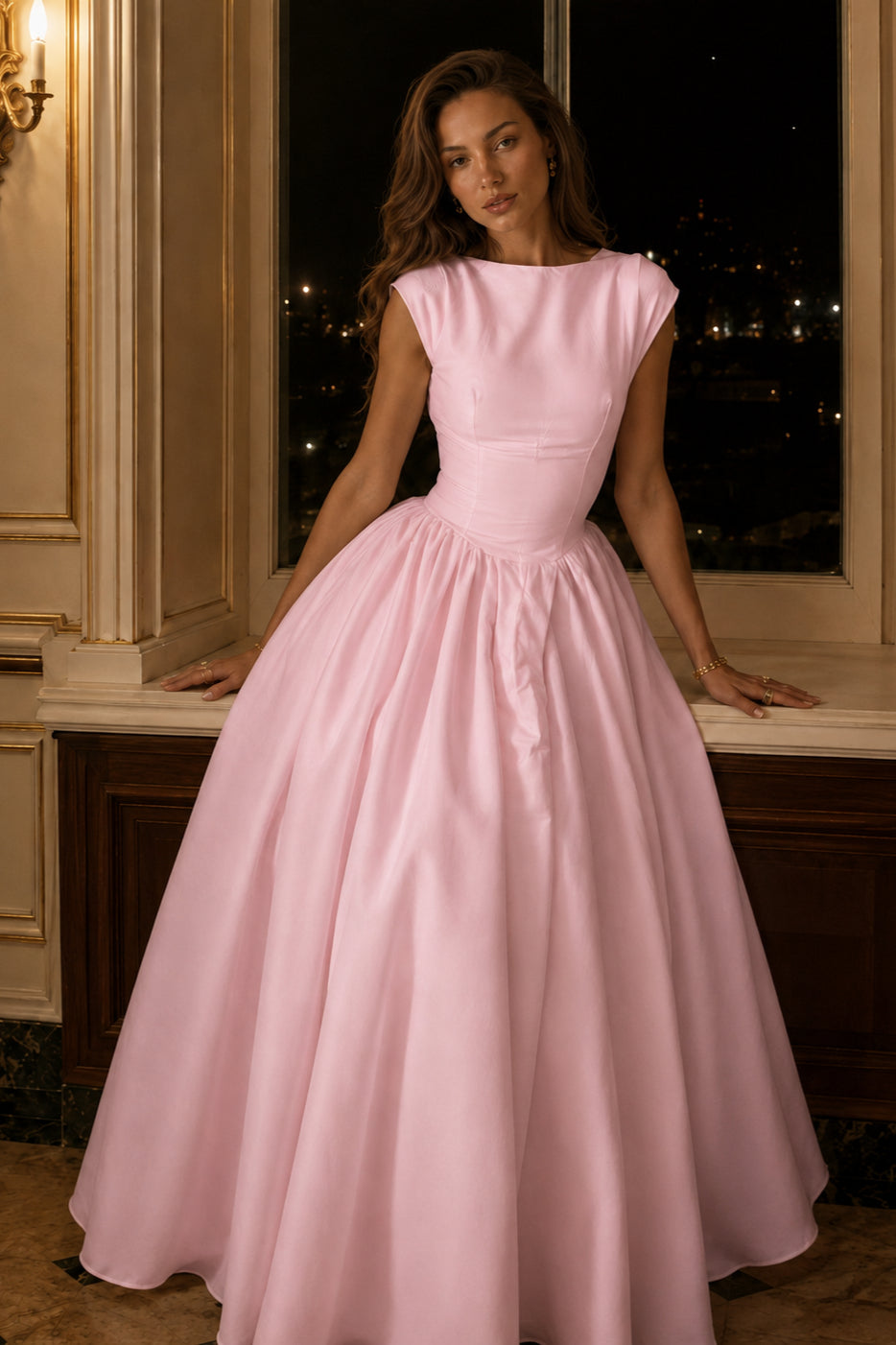 Boat Neck Cap Sleeve Basque Waist Pleated Midi Dress