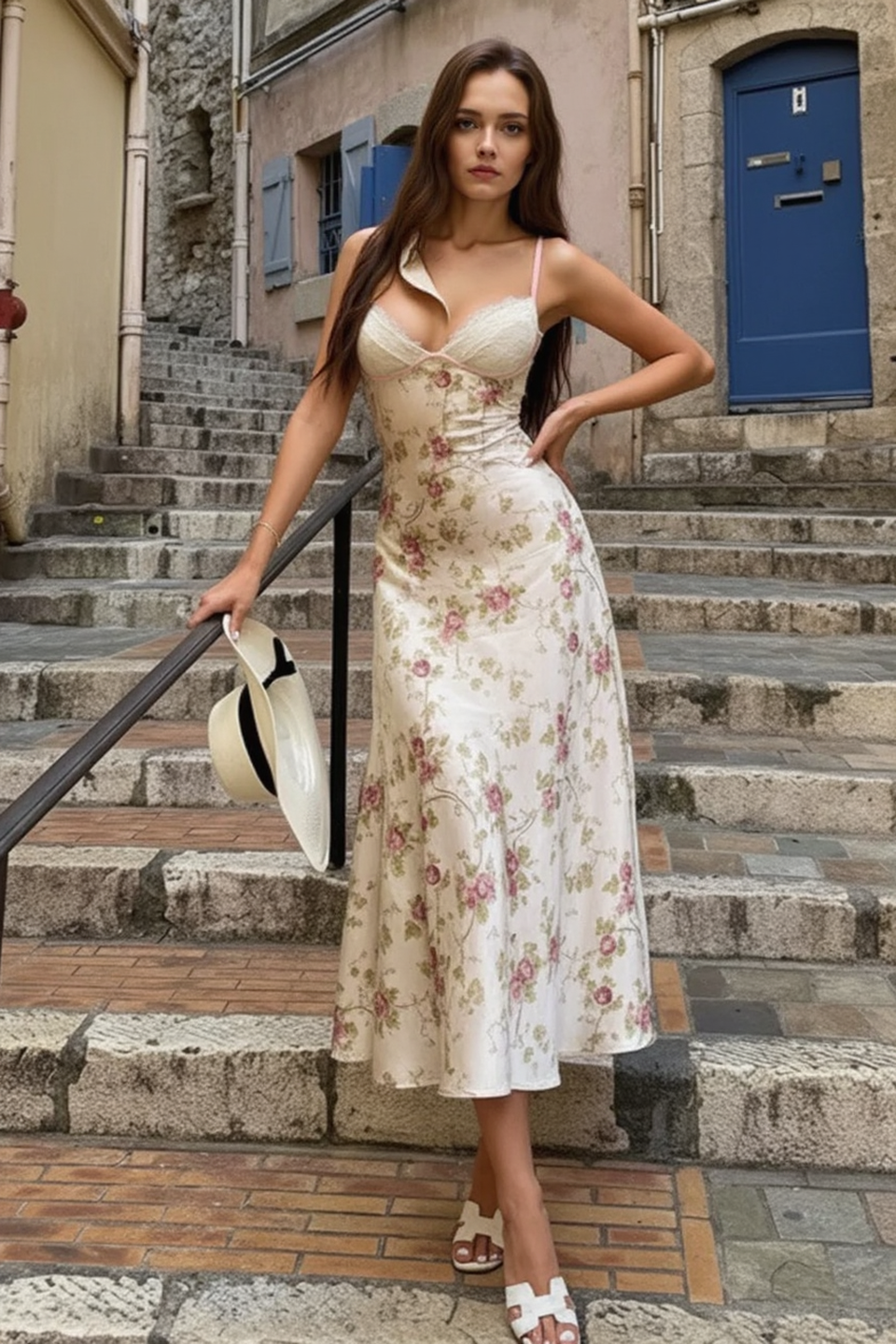 Sweetheart Lace Trim Spaghetti Strap Floral Satin Midi Slip Dress