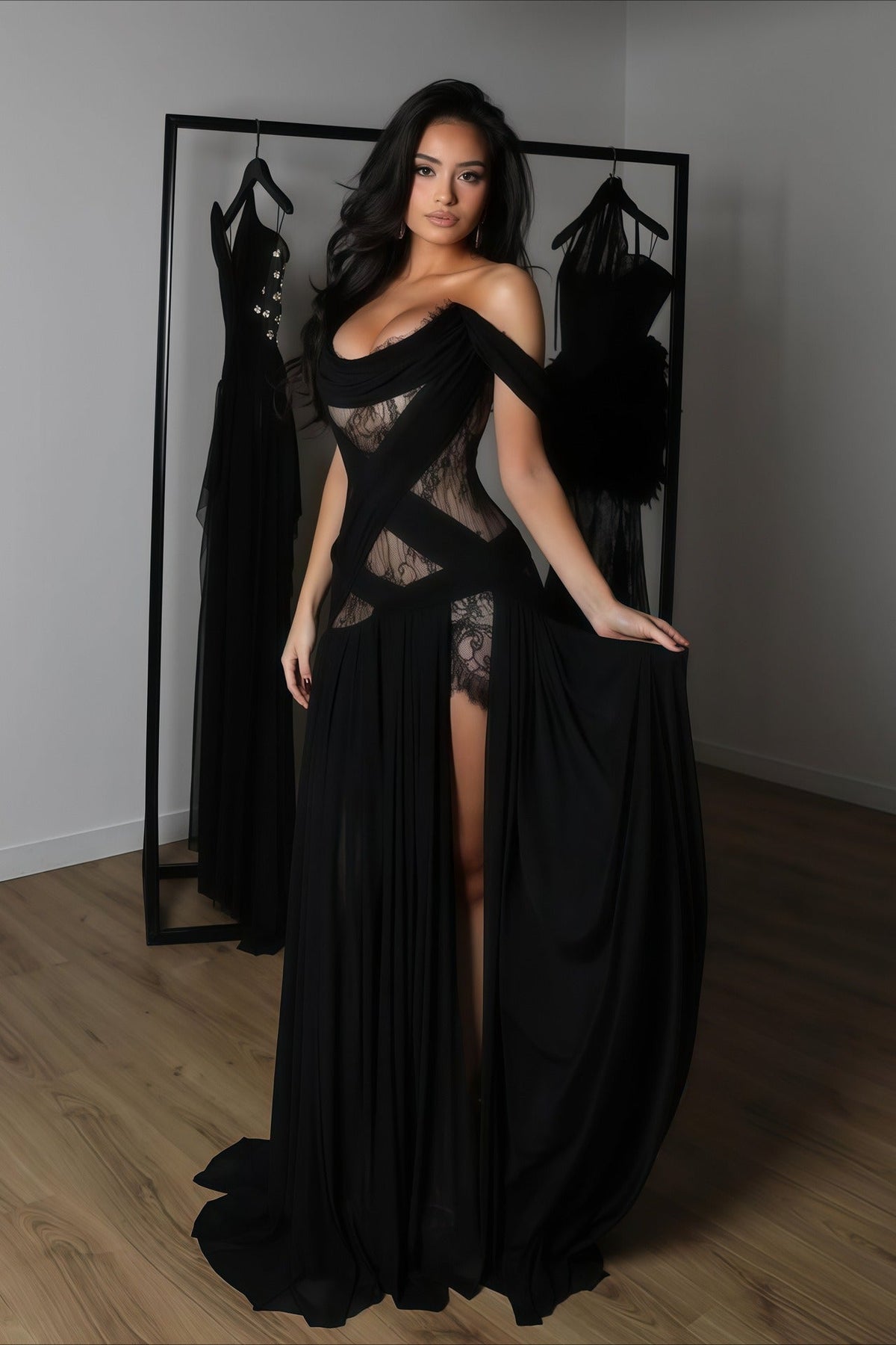 Sexy Lace Patchwork Cutout Sheer Slit Maxi Dress