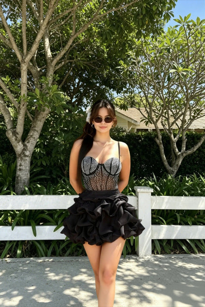 Rhinestone Corset Bustier Spaghetti Strap Tiered Ruffle Babydoll Mini Dress