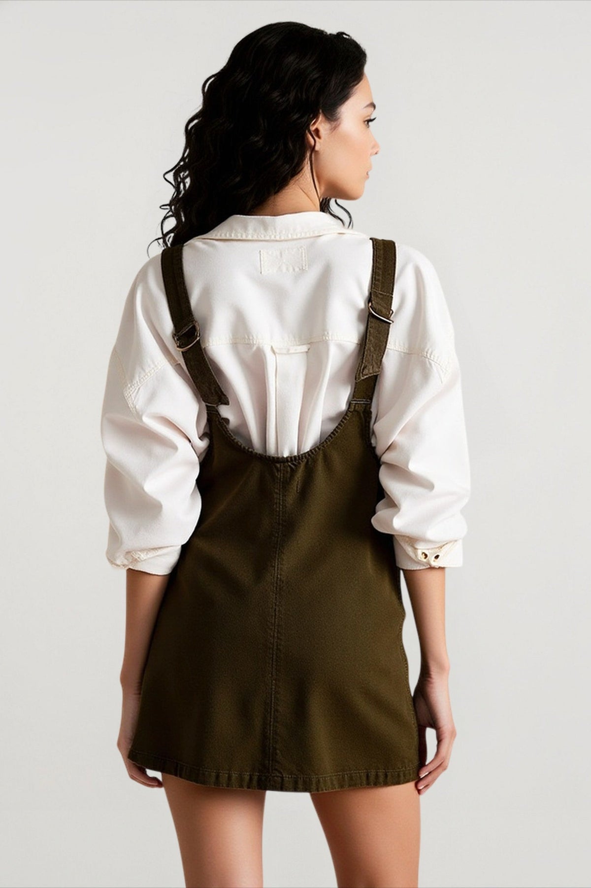 Deep V Neck Patch Pocket Princess Seam Denim Pinafore Mini Dress