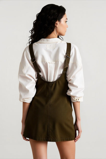 Deep V Neck Patch Pocket Princess Seam Denim Pinafore Mini Dress