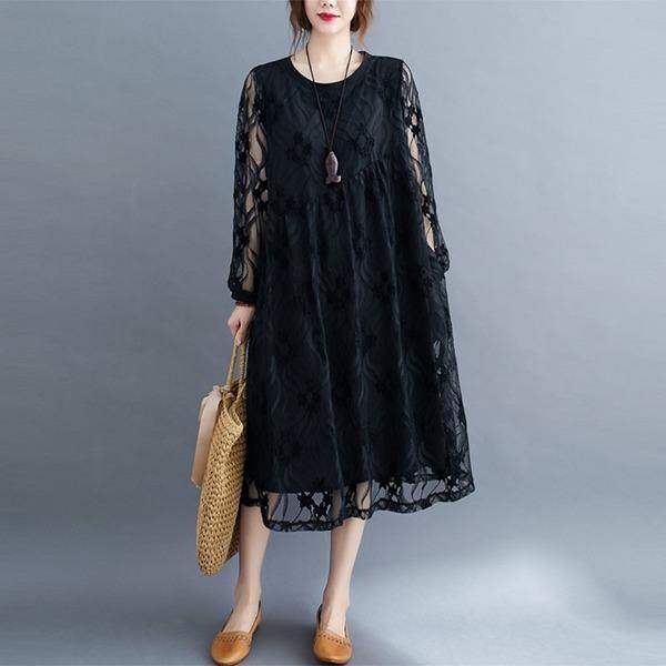 Round Neck Floral Lace Overlay Babydoll Waist Long Sleeve Midi Dress