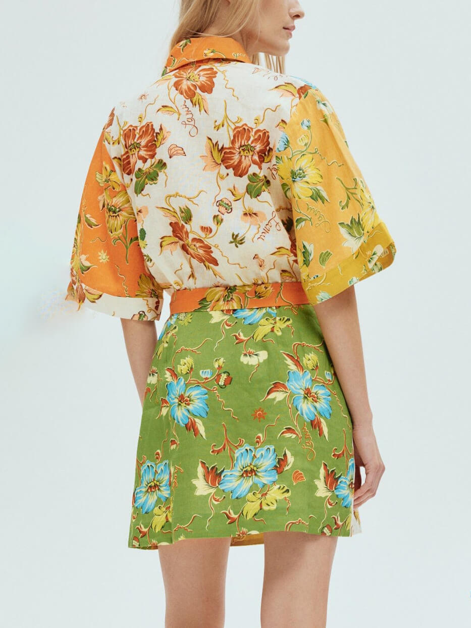 Floral Patchwork Collared Belted Button Front Mini Dress