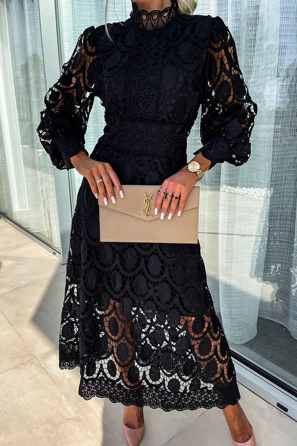 Guipure Lace Mock Neck Lantern Sleeve Scalloped Hem Midi Dress