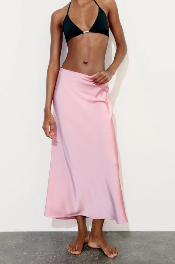 Slim High Waist Satin Texture Straight Midi Skirt