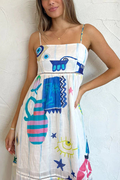 Graphic Print Spaghetti Strap Tiered Eyelet Trim Midi Dress