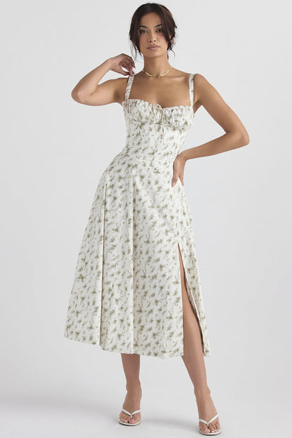 Wide Strap Sweetheart Ruched Bust Toile Floral Print A-Line Midi Dress
