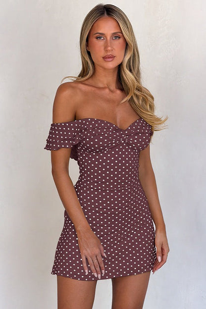 Off Shoulder Polka Dot Twist Front Ruffle Sleeve Bodycon Mini Dress