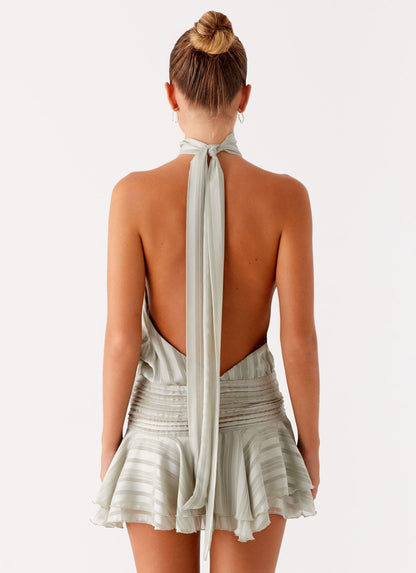Halter Mock Neck Stripe Ruched Waist Ruffle Hem Mini Dress