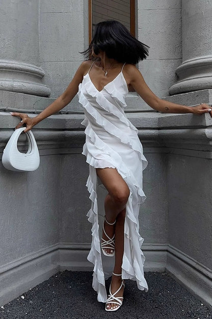 Spliced Ruffled Sling Split Slim Maxi Boho Dress