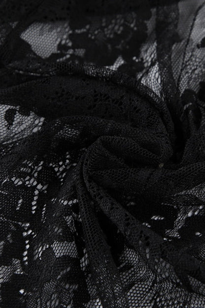 Black Square Neck Ruffle Trim Sheer Lace Ribbon Tie Maxi Dress