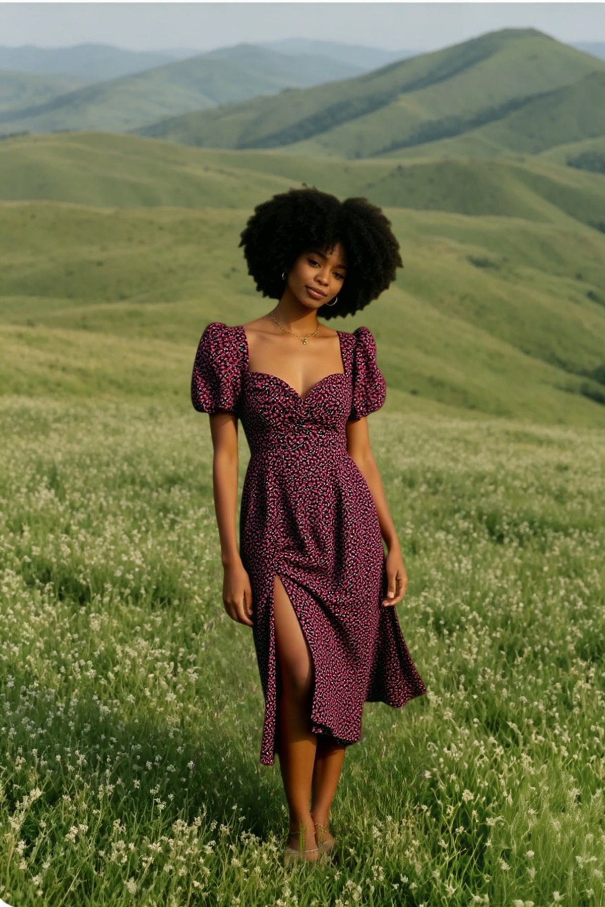 Square Neck Puff Sleeve Smocked Side Slit Ditsy Floral Midi Dress