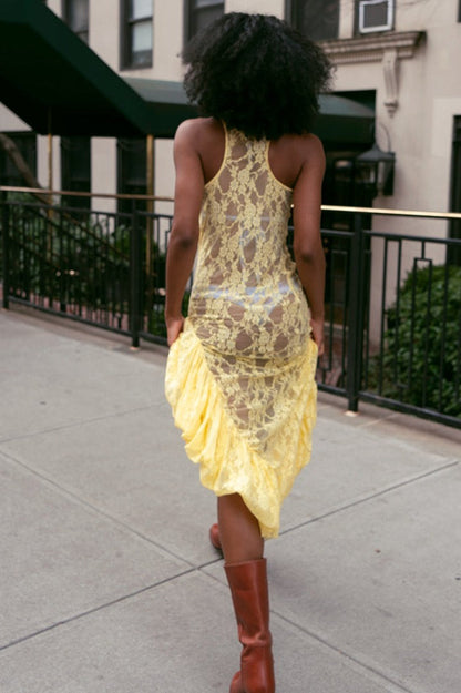Sleeveless Asymmetrical Sheer Round Neck Lace Dress